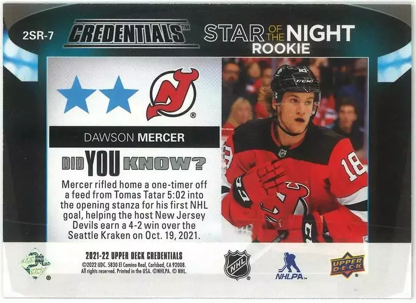 2021-22 Upper Deck Credentials 2nd Star of the Night Rookies #2SR7 Dawson Mercer 1