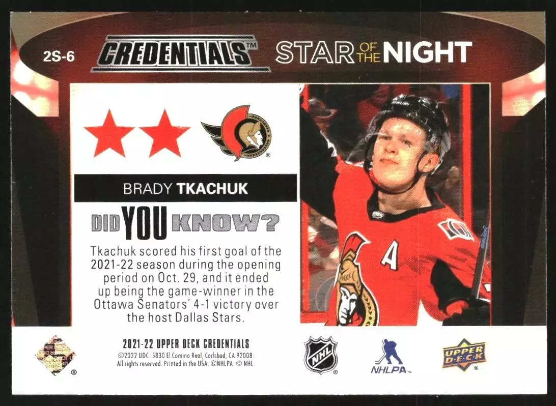 2021-22 Upper Deck Credentials 2nd Star of the Night #2S6 Brady Tkachuk 1