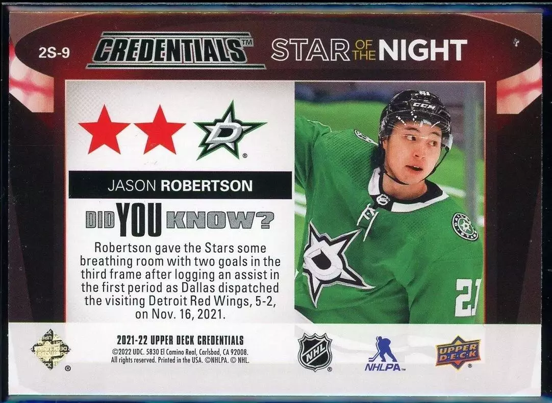 2021-22 Upper Deck Credentials 2nd Star of the Night #2S9 Jason Robertson 1