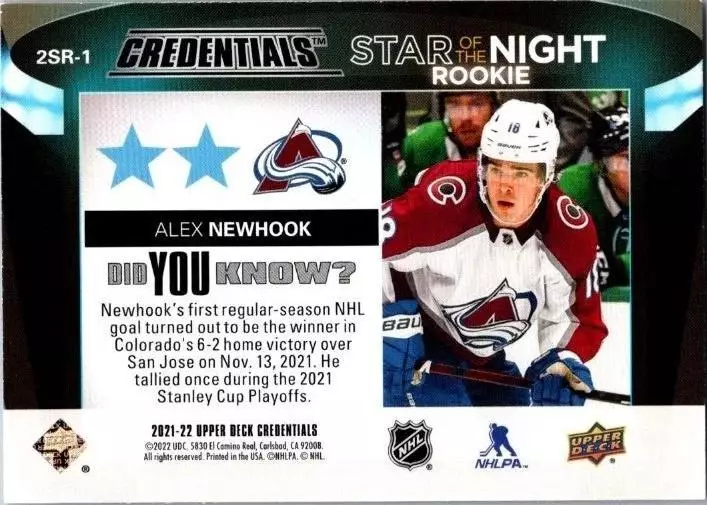 2021-22 Upper Deck Credentials 2nd Star of the Night Rookies #2SR1 Alex Newhook 1