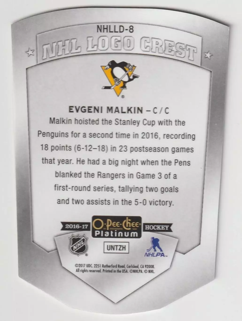 2016-17 O-Pee-Chee Platinum NHL Logo Crest Die Cuts #NHLLD8 Evgeni Malkin 1