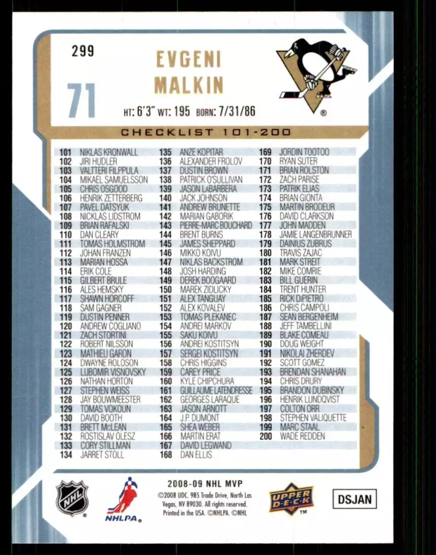 2008-09 Upper Deck MVP #299 Evgeni Malkin CL 1