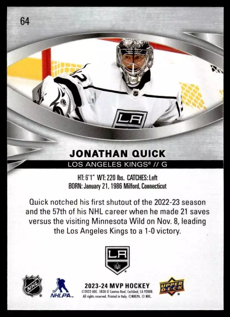 2023-24 Upper Deck MVP Silver Script #64 Jonathan Quick 1