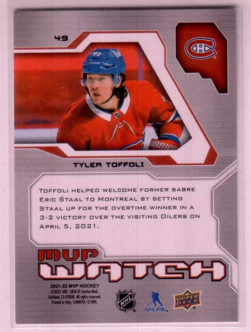 2021-22 Upper Deck MVP 20th Anniversary #49 Tyler Toffoli 1