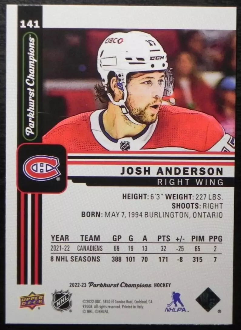 2022-23 Parkhurst Champions #141 Josh Anderson 1