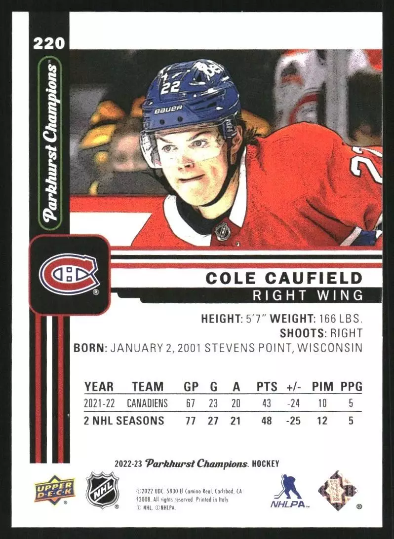 2022-23 Parkhurst Champions #220 Cole Caufield 1