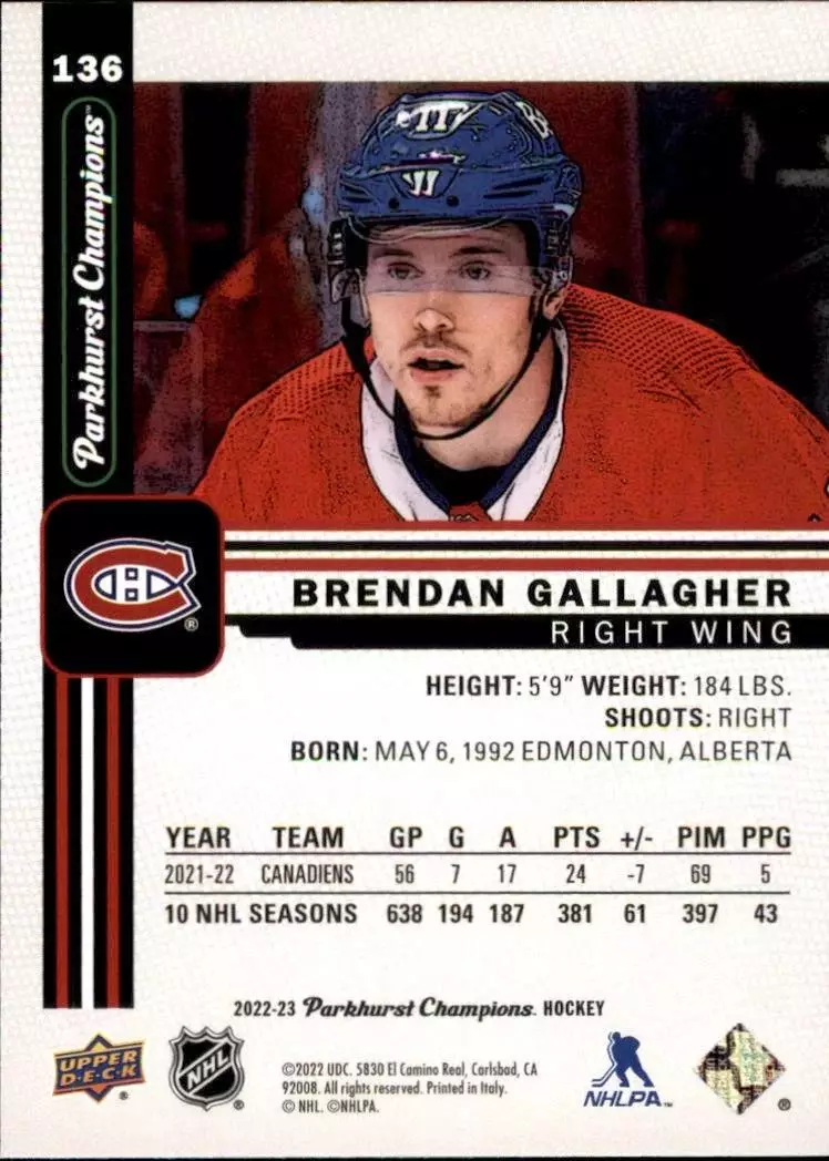 2022-23 Parkhurst Champions #136 Brendan Gallagher 1