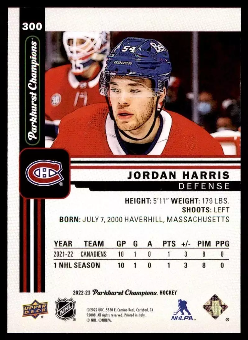 2022-23 Parkhurst Champions #300 Jordan Harris RC 1