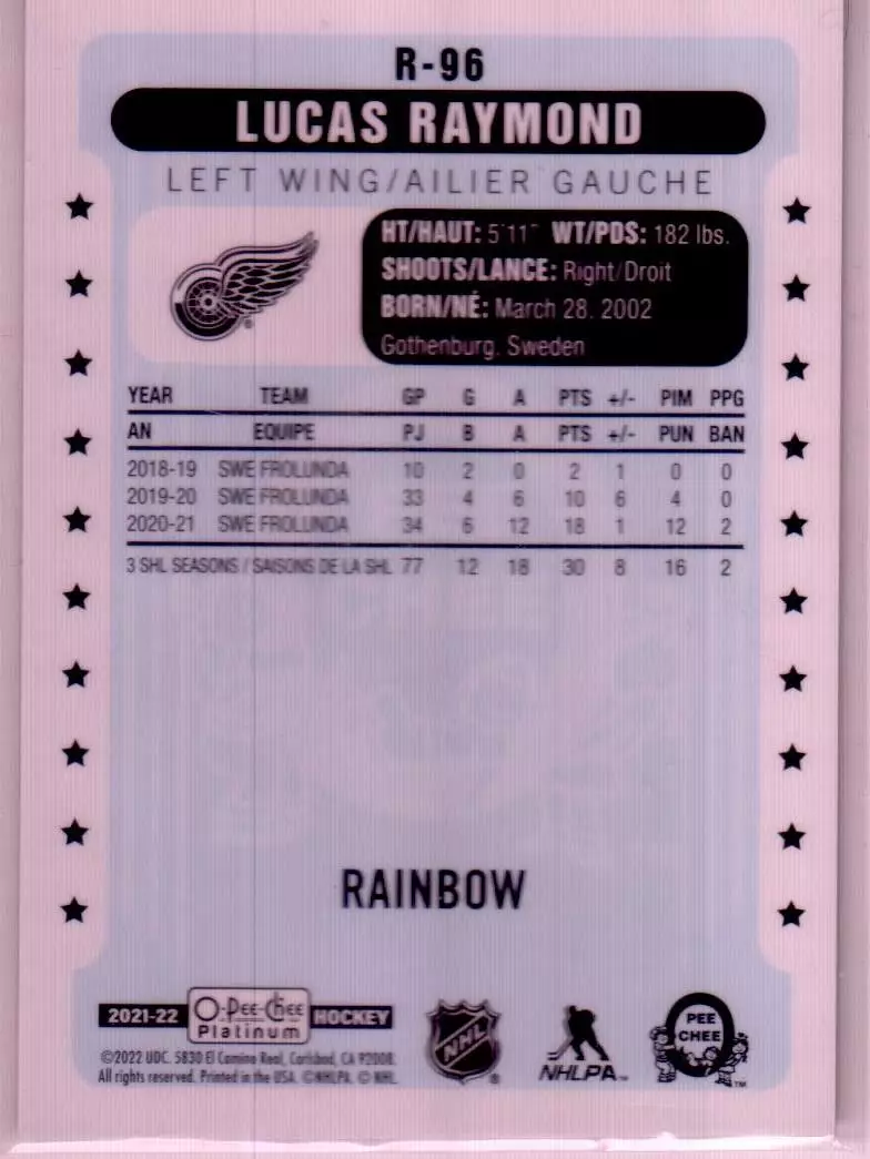 2021-22 O-Pee-Chee Platinum Retro Rainbow #R96 Lucas Raymond 1