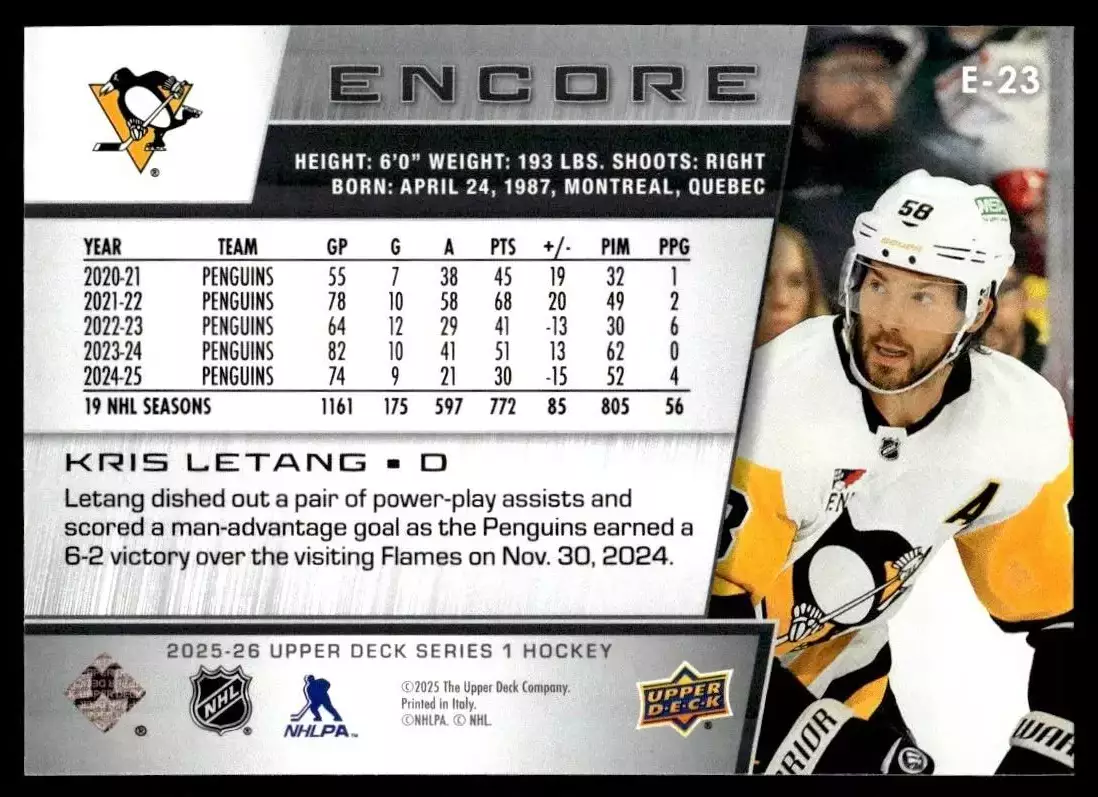 2025-26 Upper Deck Encore #E23 Kris Letang 1