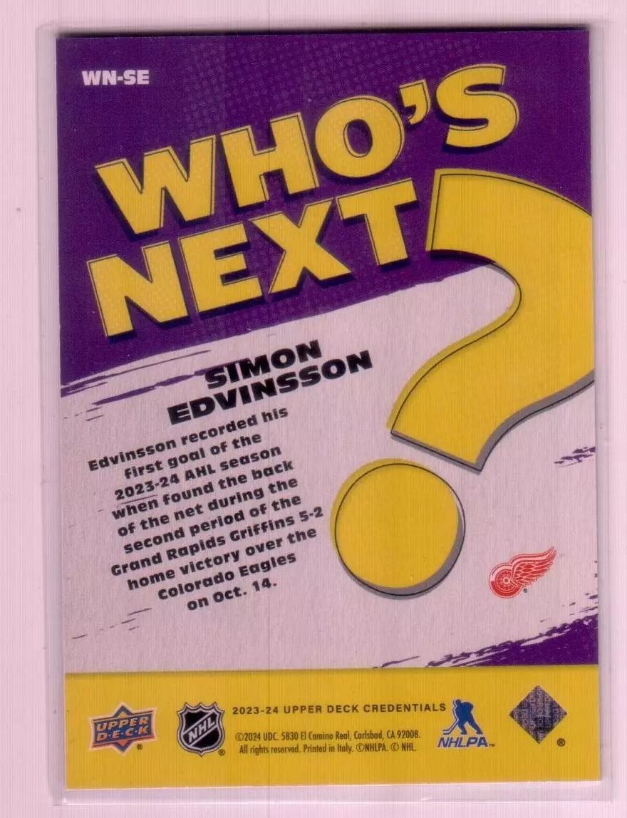 2023-24 Upper Deck Credentials Who's Next #WNSE Simon Edvinsson 1