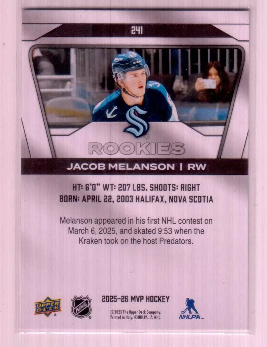 2025-26 Upper Deck MVP #241 Jacob Melanson SP RC 1