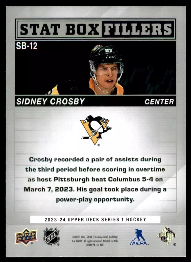 2023-24 Upper Deck Stat Box Fillers #SB12 Sidney Crosby 1