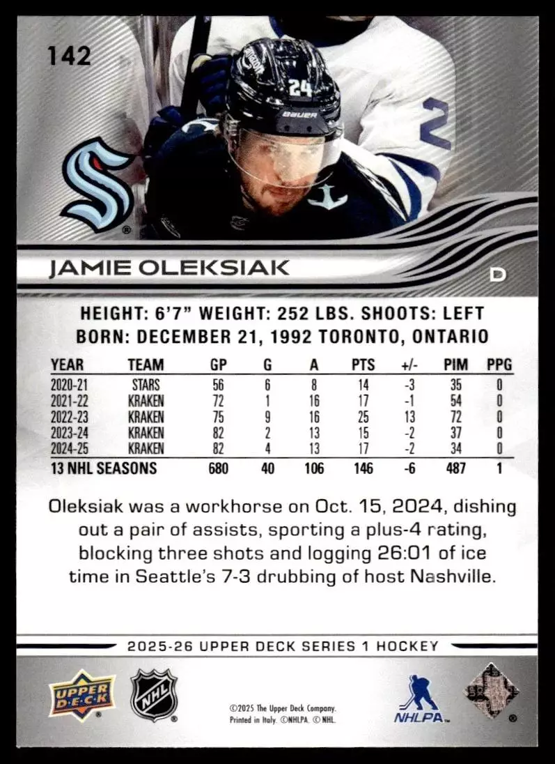 2025-26 Upper Deck #142 Jamie Oleksiak 1