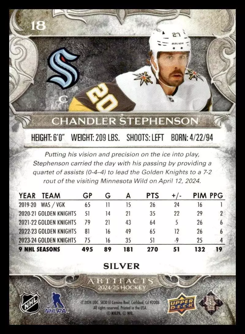 2024-25 Artifacts #18 Chandler Stephenson 1