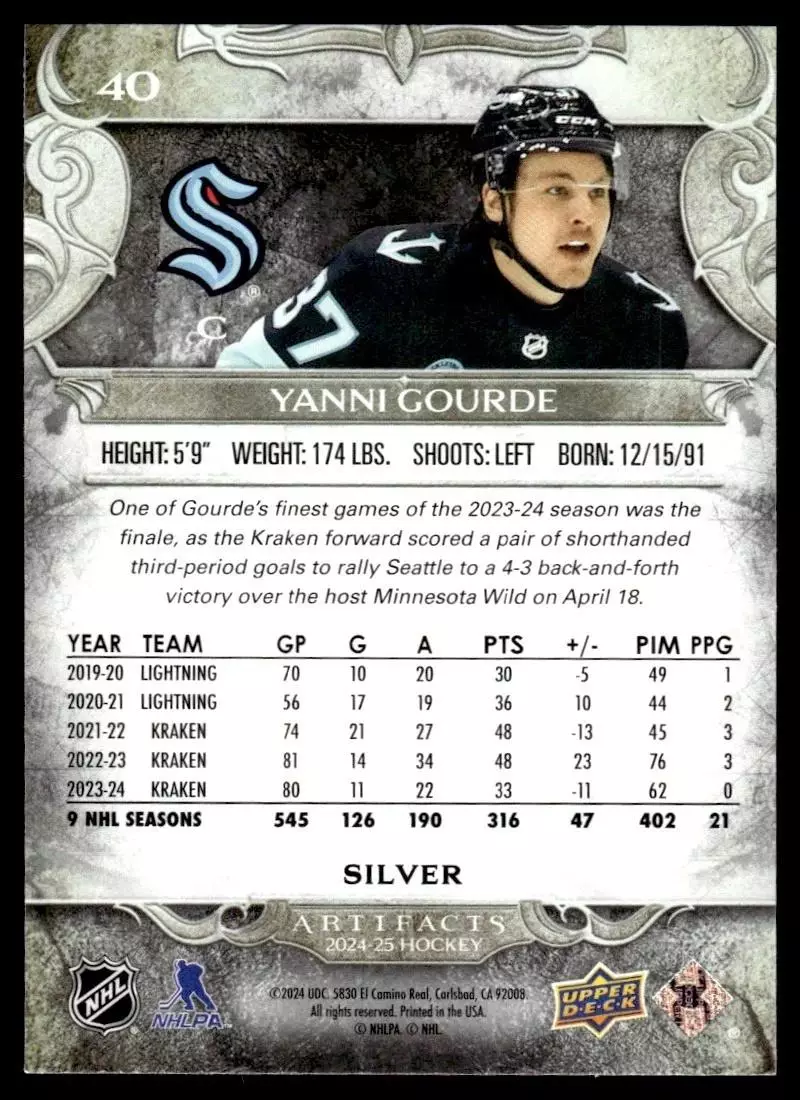 2024-25 Artifacts #40 Yanni Gourde 1