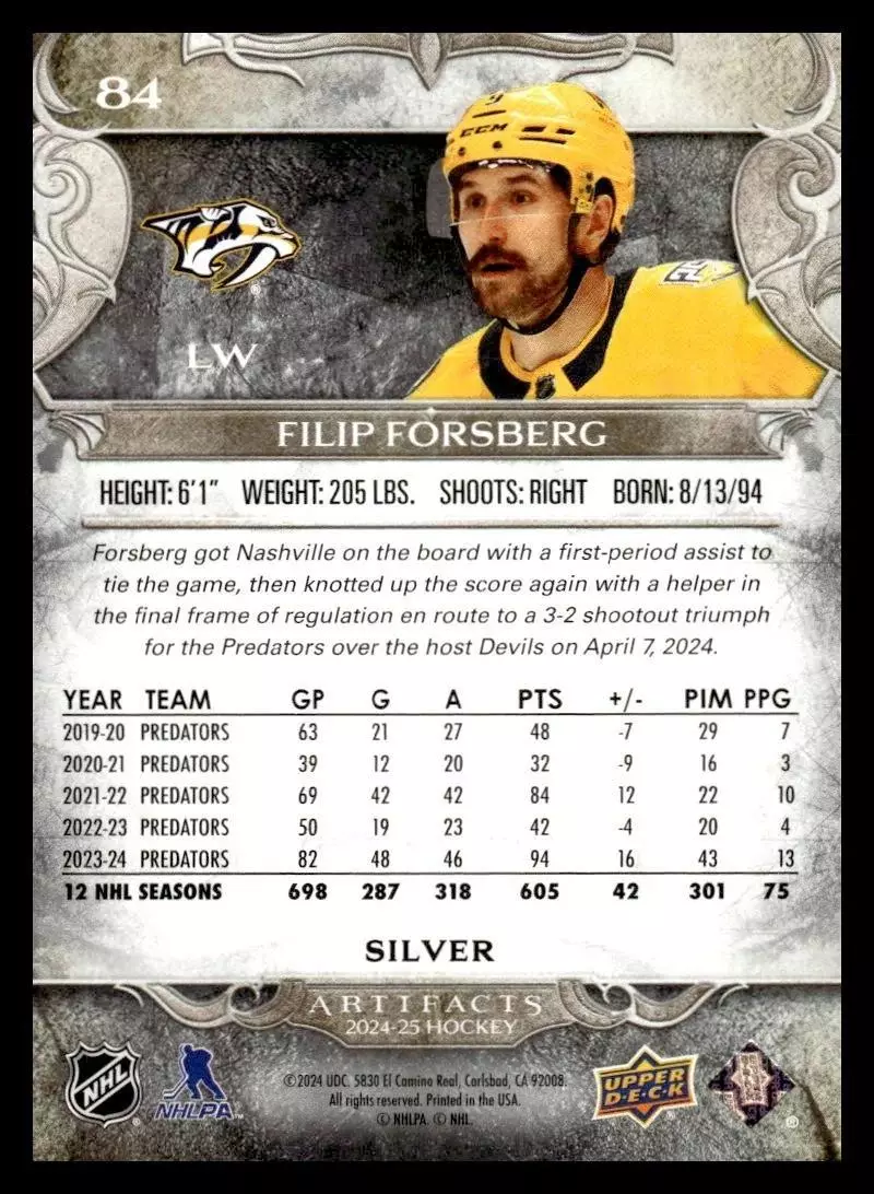 2024-25 Artifacts #84 Filip Forsberg 1