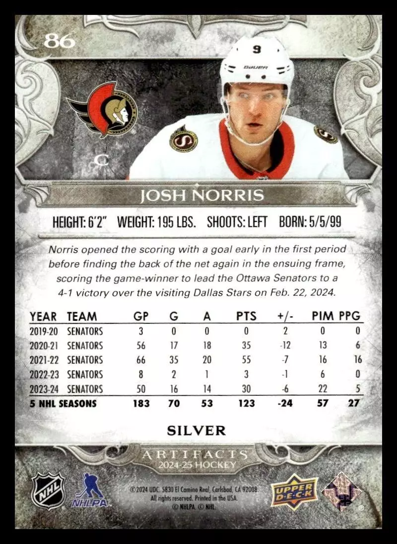 2024-25 Artifacts #86 Josh Norris 1