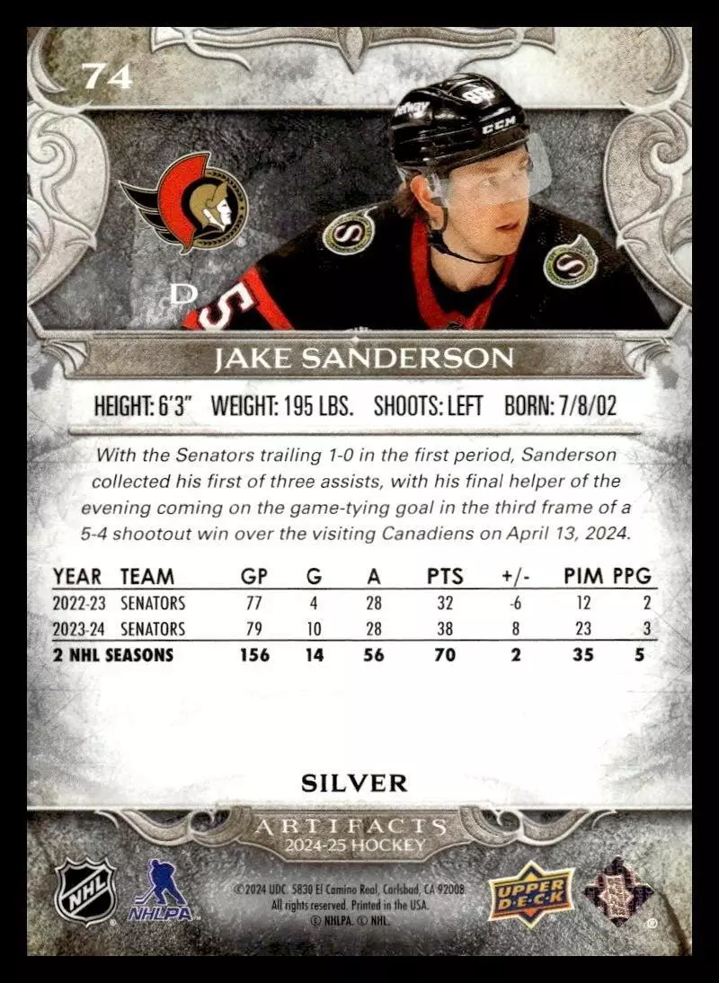 2024-25 Artifacts #74 Jake Sanderson 1