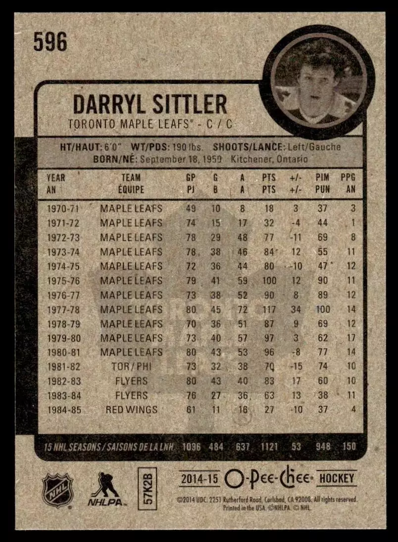 2014-15 O-Pee-Chee #596 Darryl Sittler 1