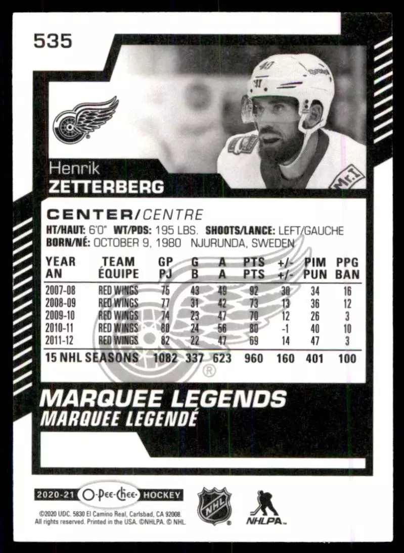 2020-21 O-Pee-Chee #535 Henrik Zetterberg ML 1