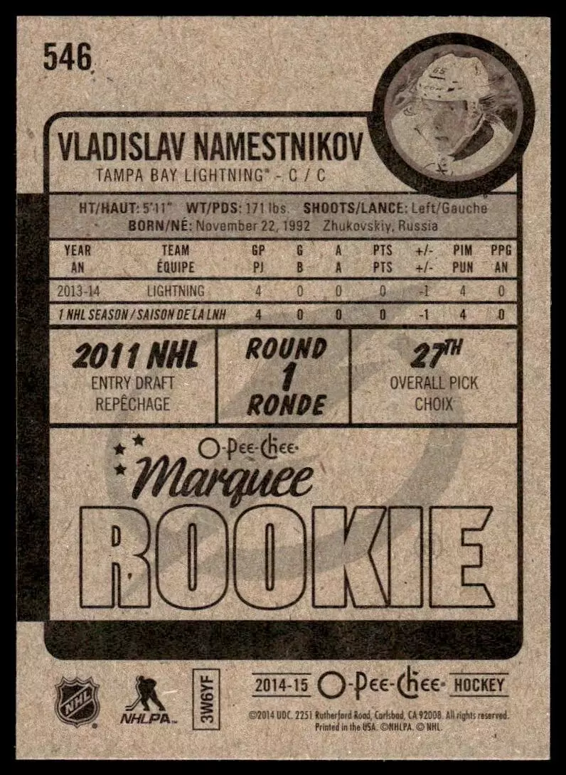 2014-15 O-Pee-Chee #546 Vladislav Namestnikov RC 1