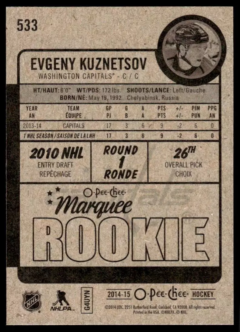 2014-15 O-Pee-Chee #533 Evgeny Kuznetsov RC 1