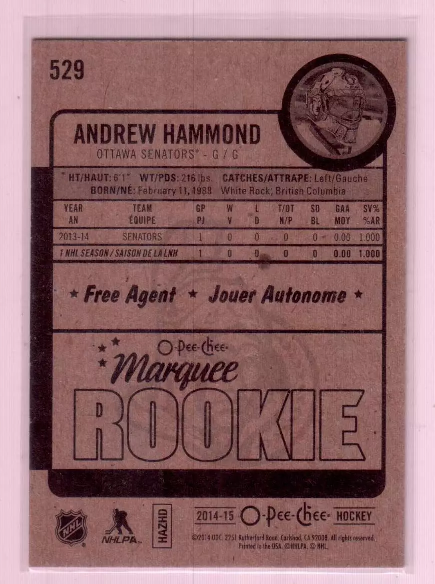 2014-15 O-Pee-Chee #529 Andrew Hammond RC 1