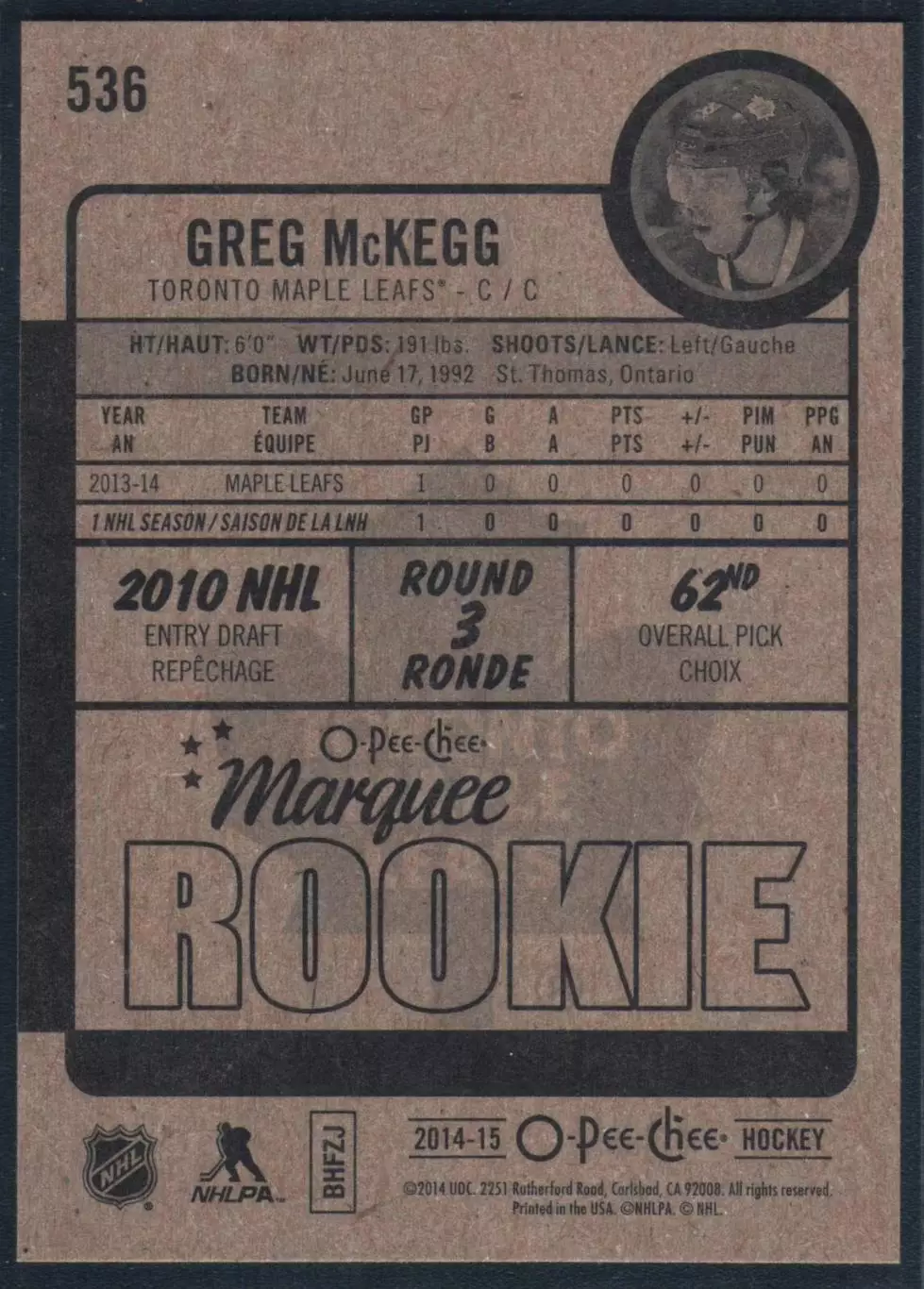 2014-15 O-Pee-Chee #536 Greg McKegg RC 1