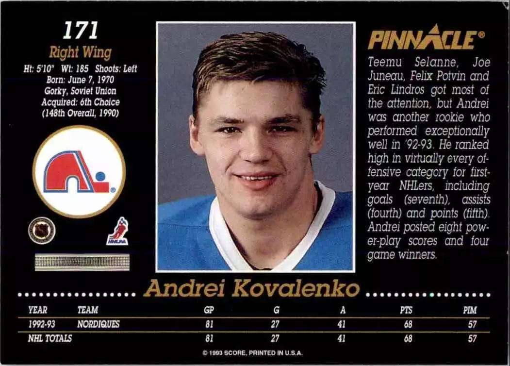 1993-94 Pinnacle #171 Andrei Kovalenko 1