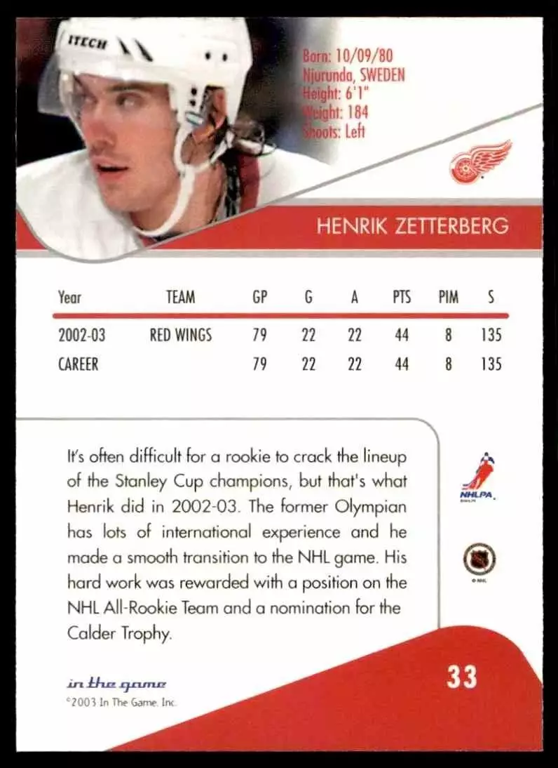 2003-04 ITG Toronto Star #33 Henrik Zetterberg 1