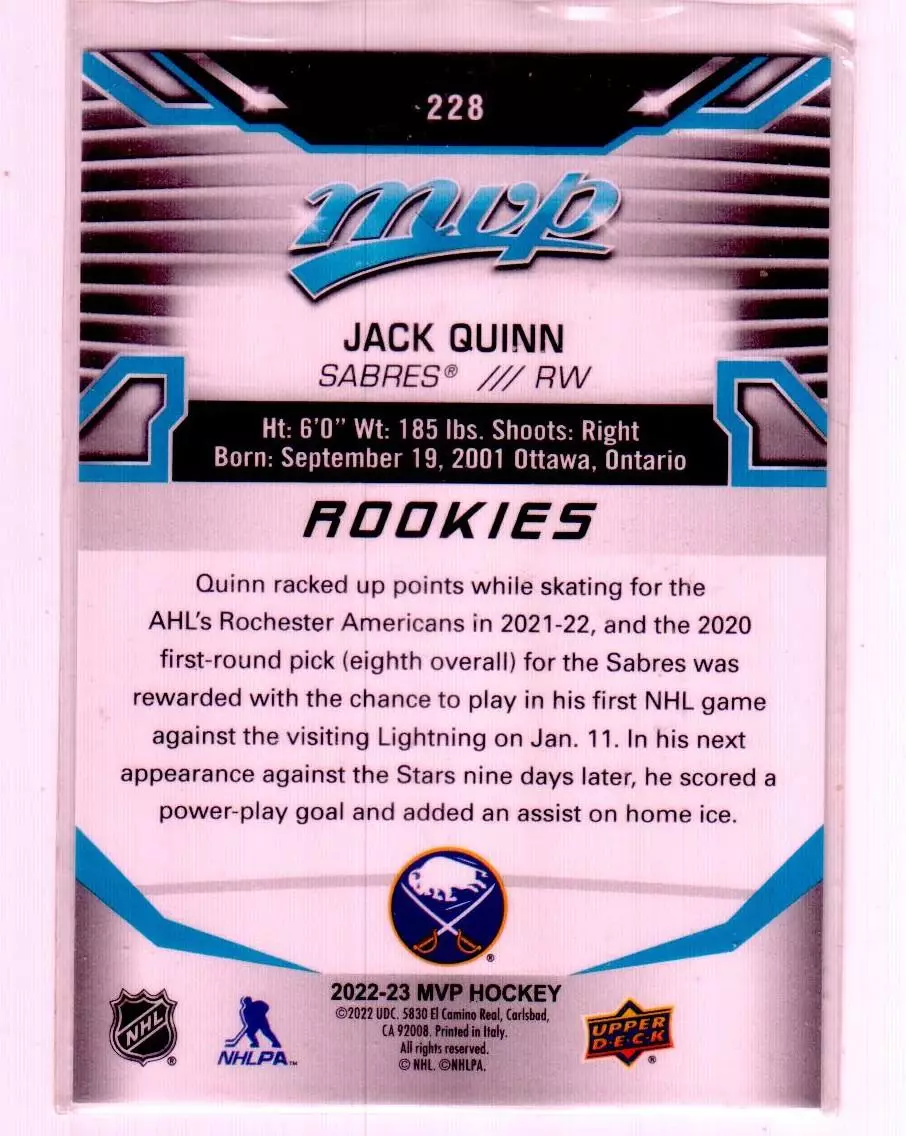 2022-23 Upper Deck MVP #228 Jack Quinn SP RC 1