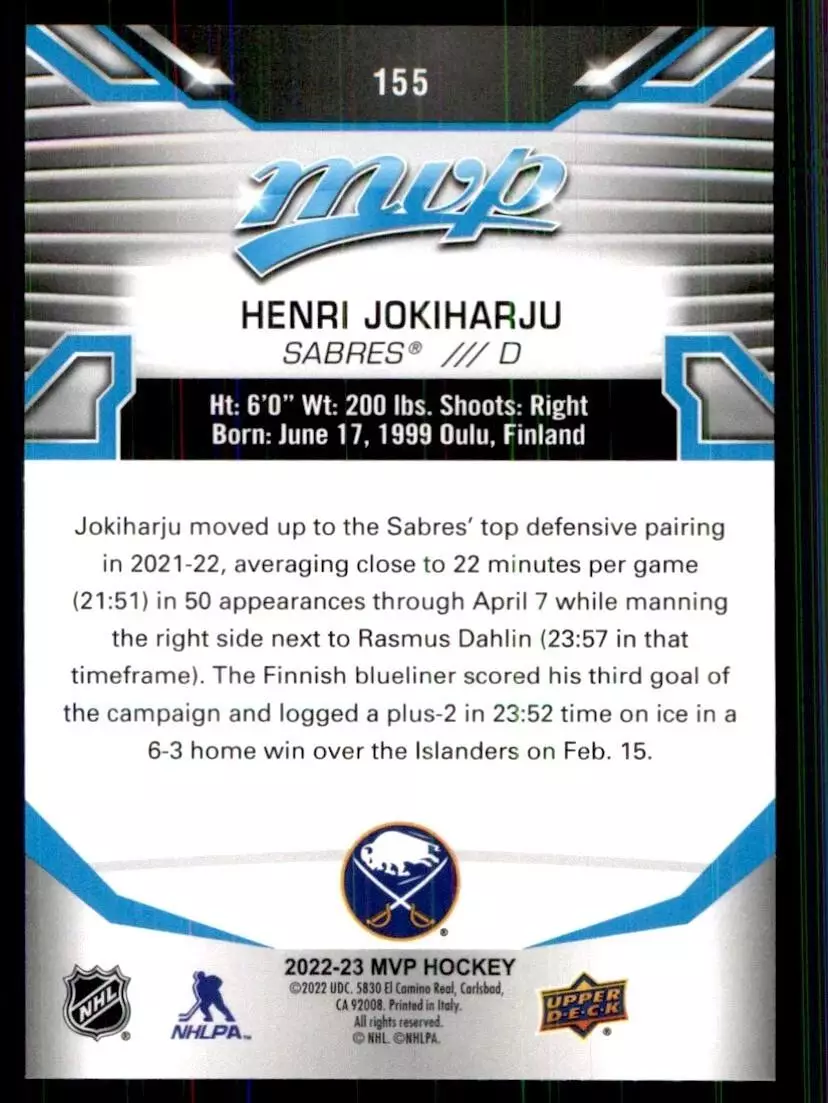 2022-23 Upper Deck MVP #155 Henri Jokiharju 1
