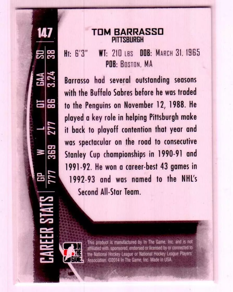 2013-14 Between the Pipes #147 Tom Barrasso GOTG 1