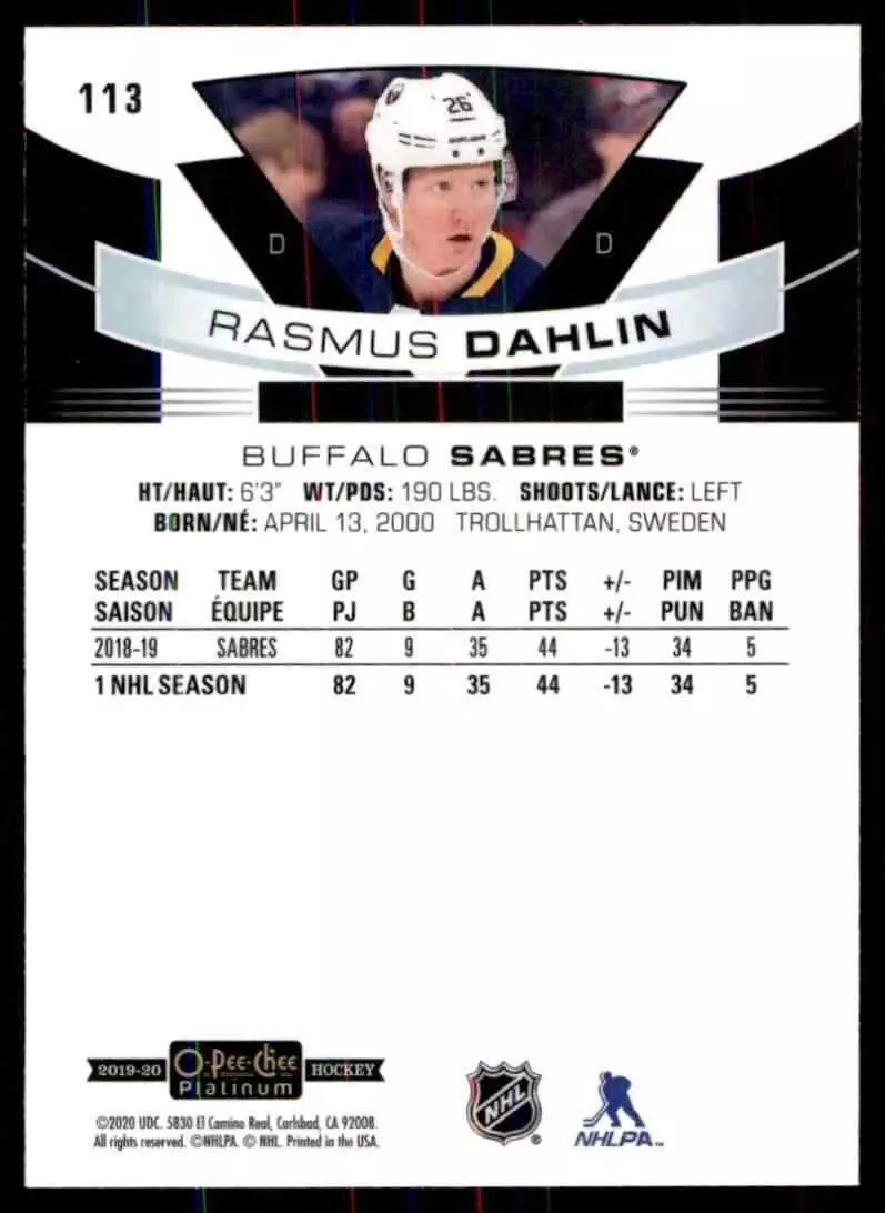 2019-20 O-Pee-Chee Platinum #113 Rasmus Dahlin 1