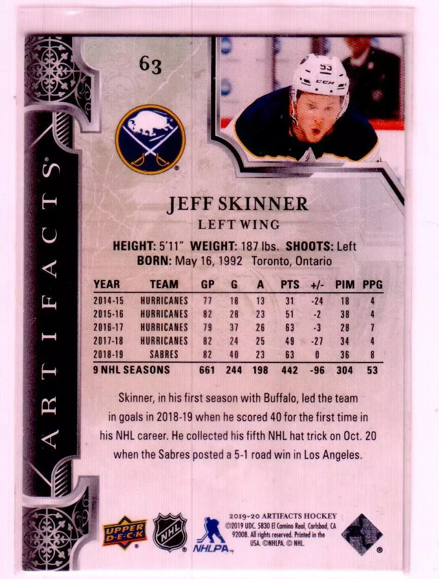 2019-20 Artifacts #63 Jeff Skinner 1