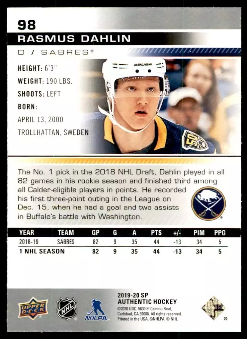 2019-20 SP Authentic #98 Rasmus Dahlin 1