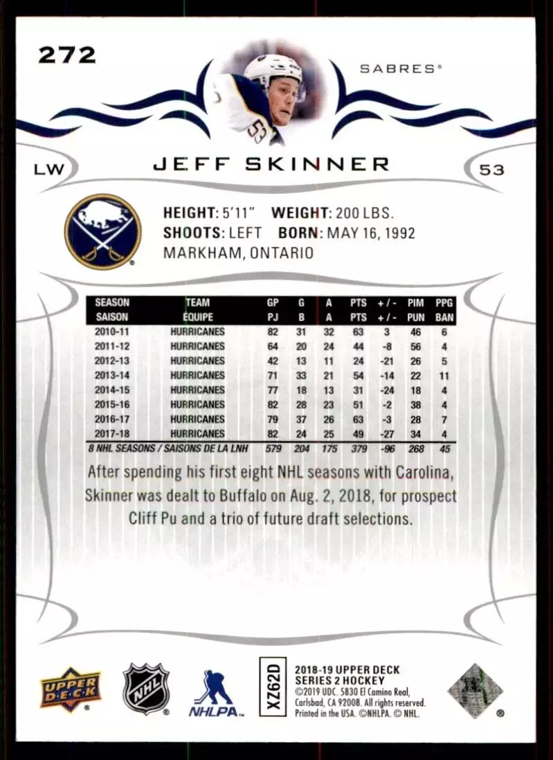 2018-19 Upper Deck #272 Jeff Skinner 1
