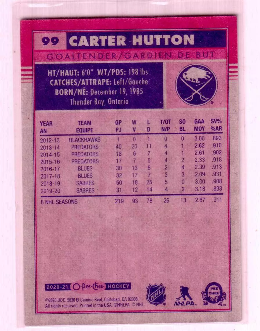 2020-21 O-Pee-Chee Retro #99 Carter Hutton 1