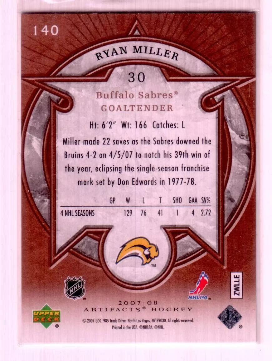 2007-08 Artifacts #140 Ryan Miller S 379/1499 1
