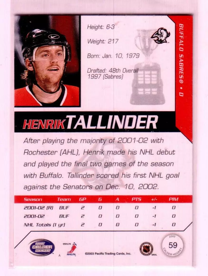 2002-03 Pacific Calder #59 Henrik Tallinder 1