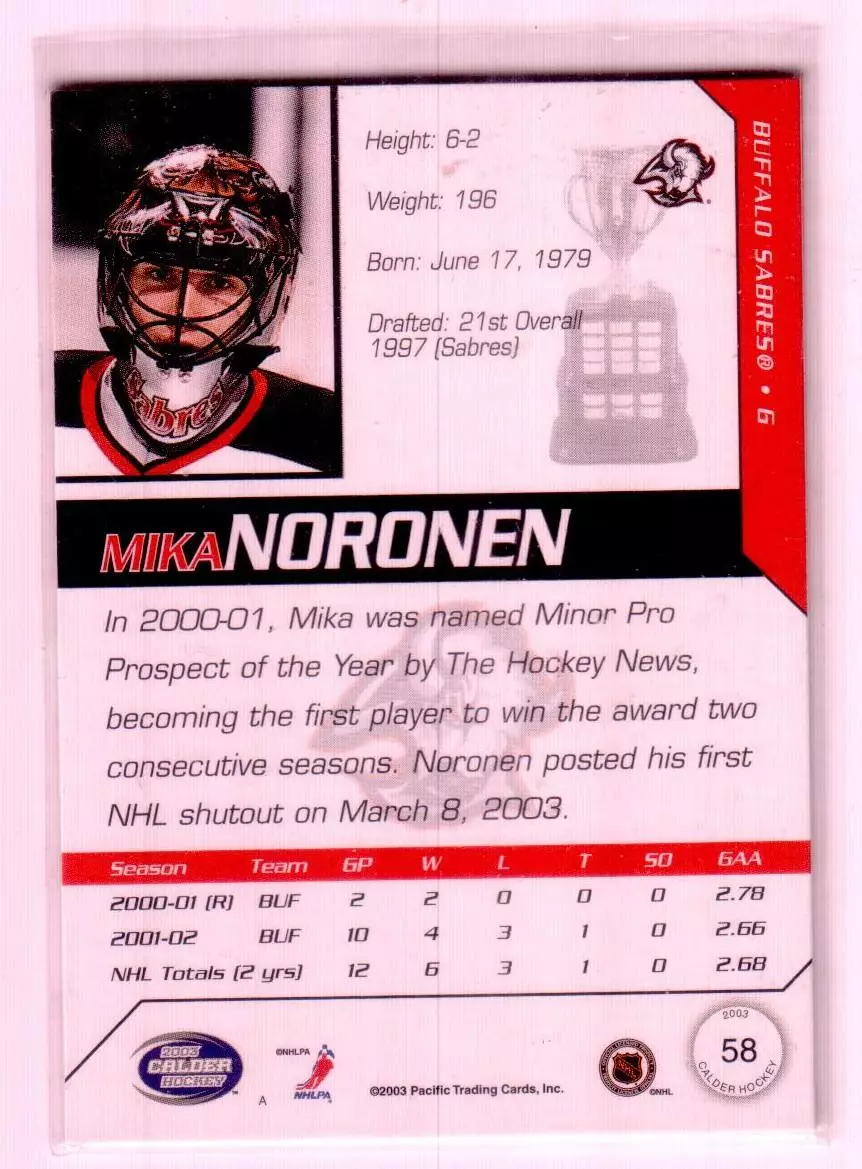 2002-03 Pacific Calder #58 Mika Noronen 1