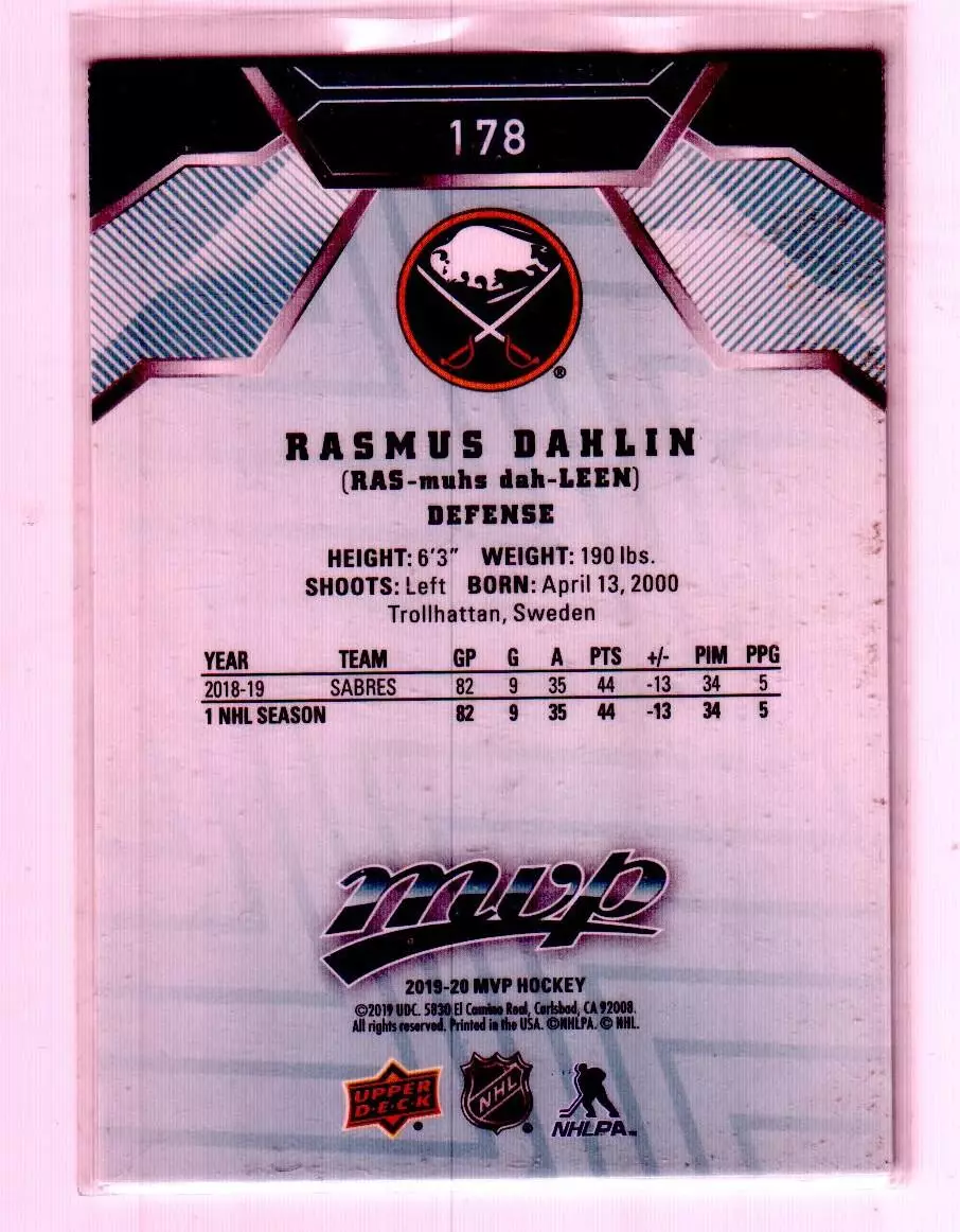 2019-20 Upper Deck MVP #178 Rasmus Dahlin 1