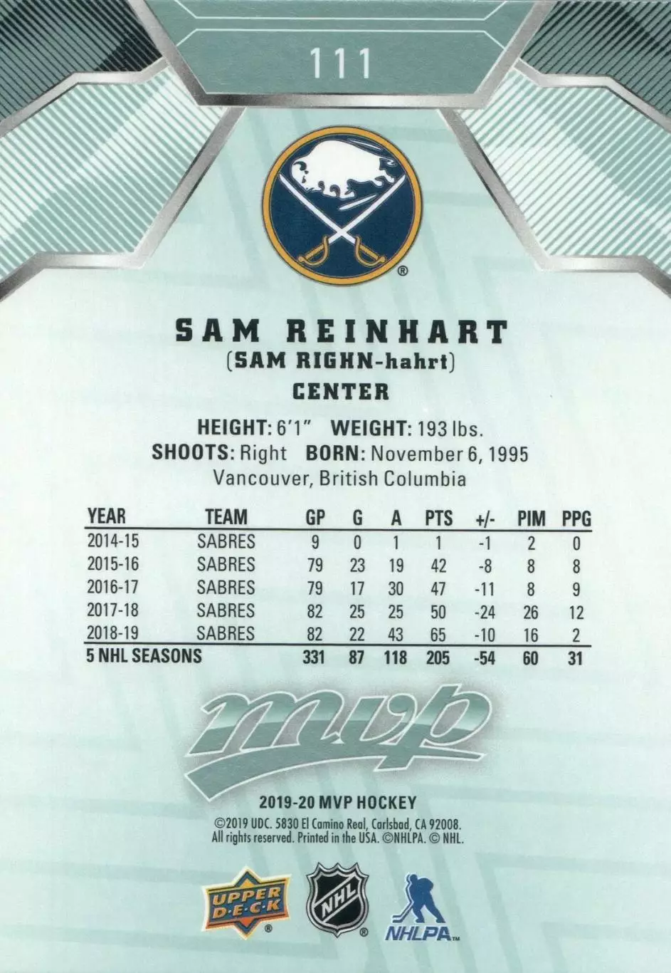 2019-20 Upper Deck MVP #111 Sam Reinhart 1