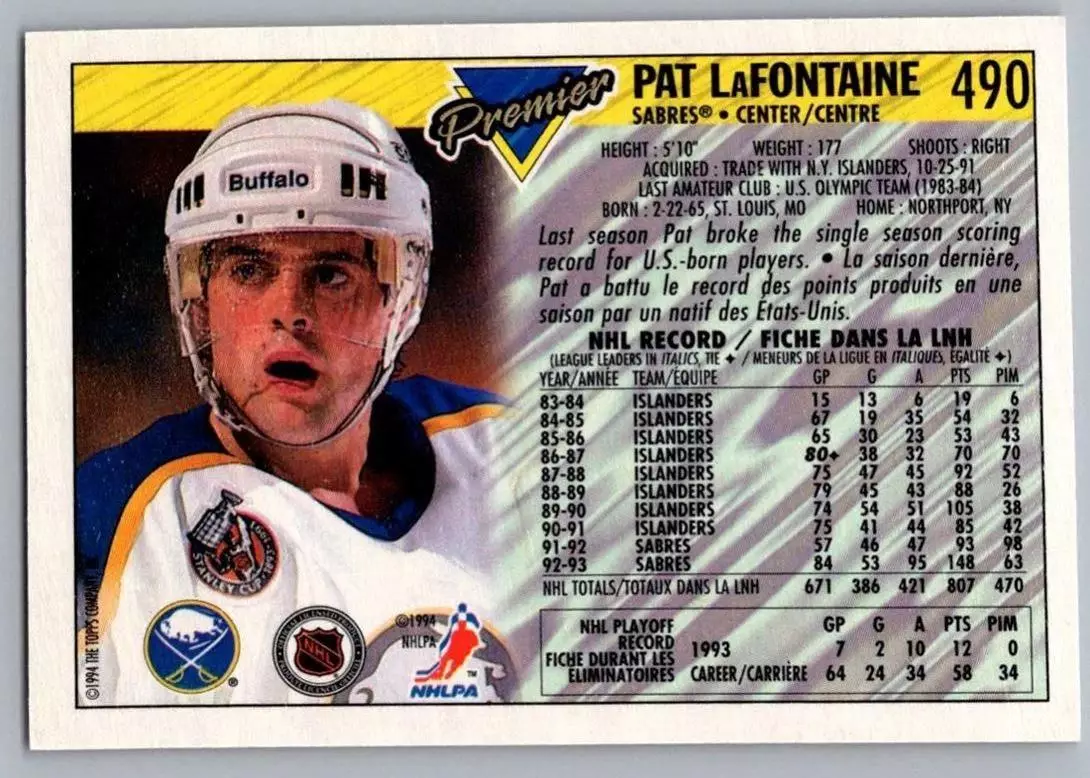 1993-94 Topps Premier #490 Pat LaFontaine 1
