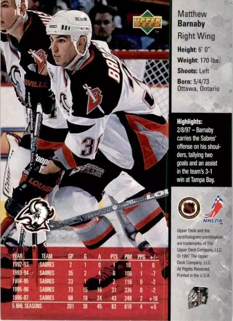 1997-98 Upper Deck #16 Matthew Barnaby 1