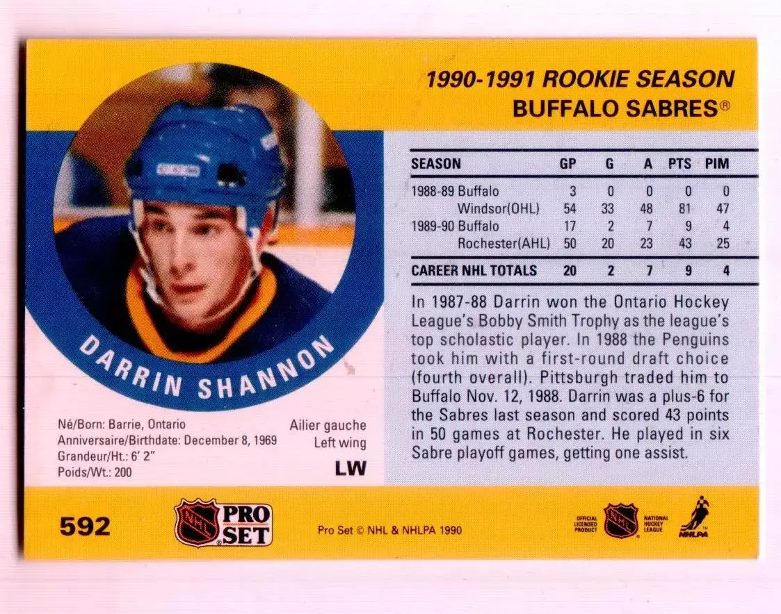 1990-91 Pro Set #592 Darrin Shannon RC 1