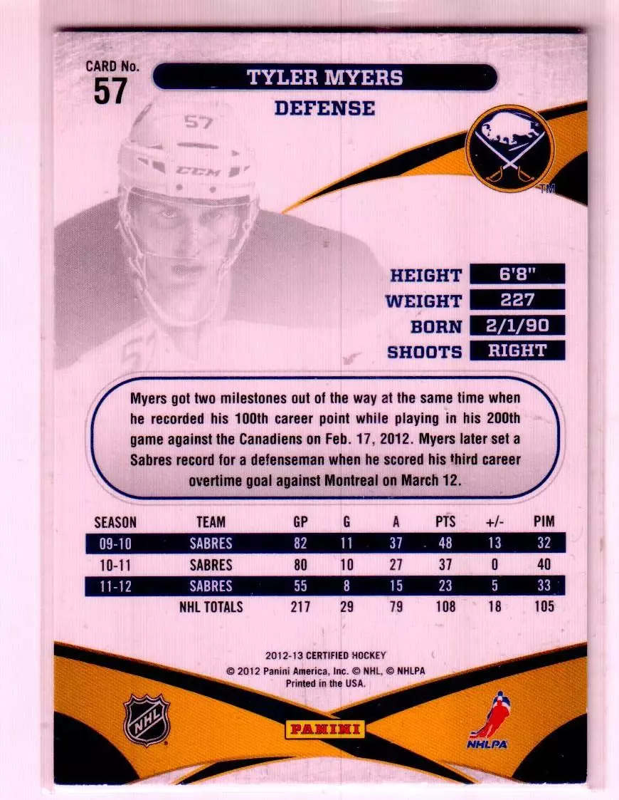 2012-13 Certified #57 Tyler Myers 1