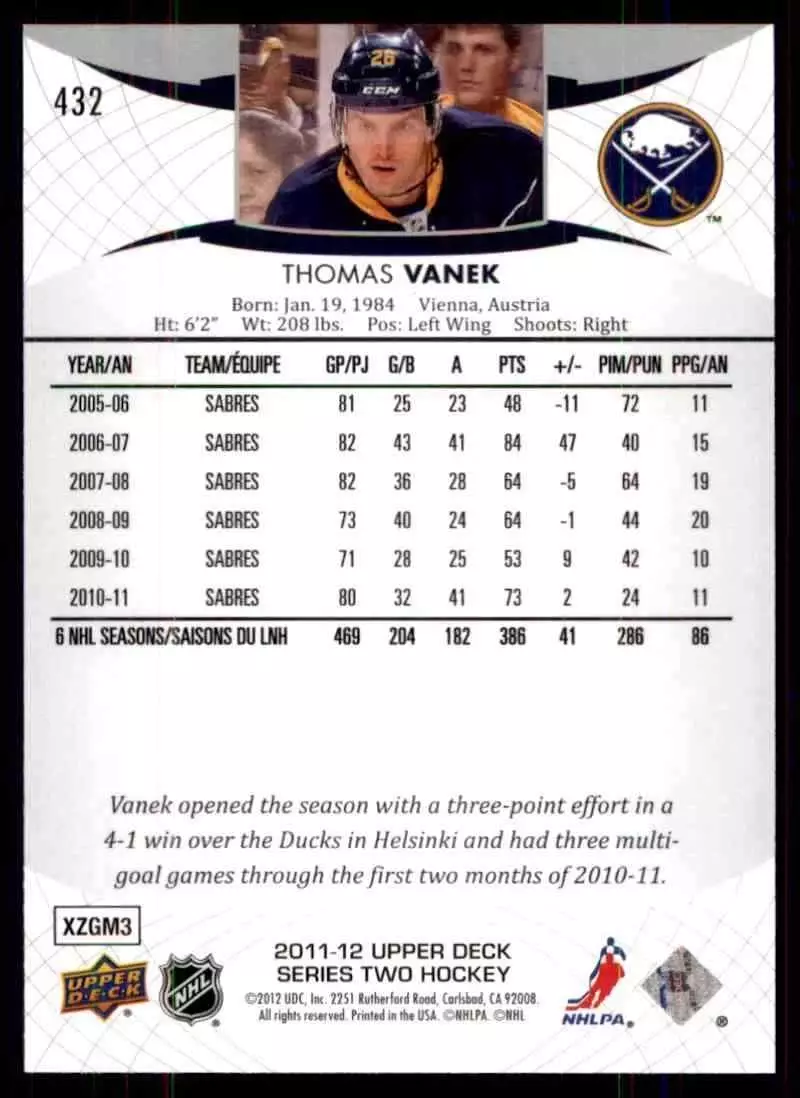 2011-12 Upper Deck #432 Thomas Vanek 1
