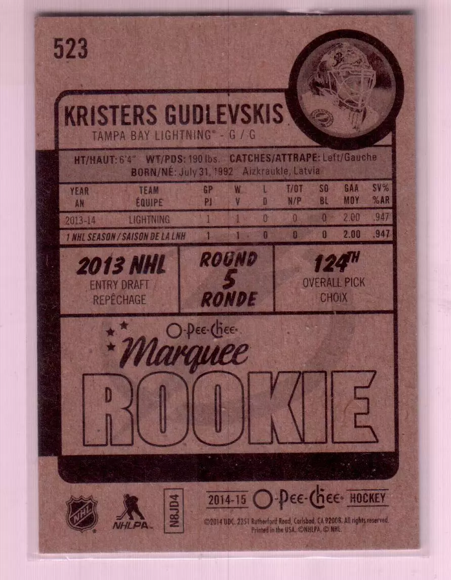 2014-15 O-Pee-Chee #523 Kristers Gudlevskis RC 1